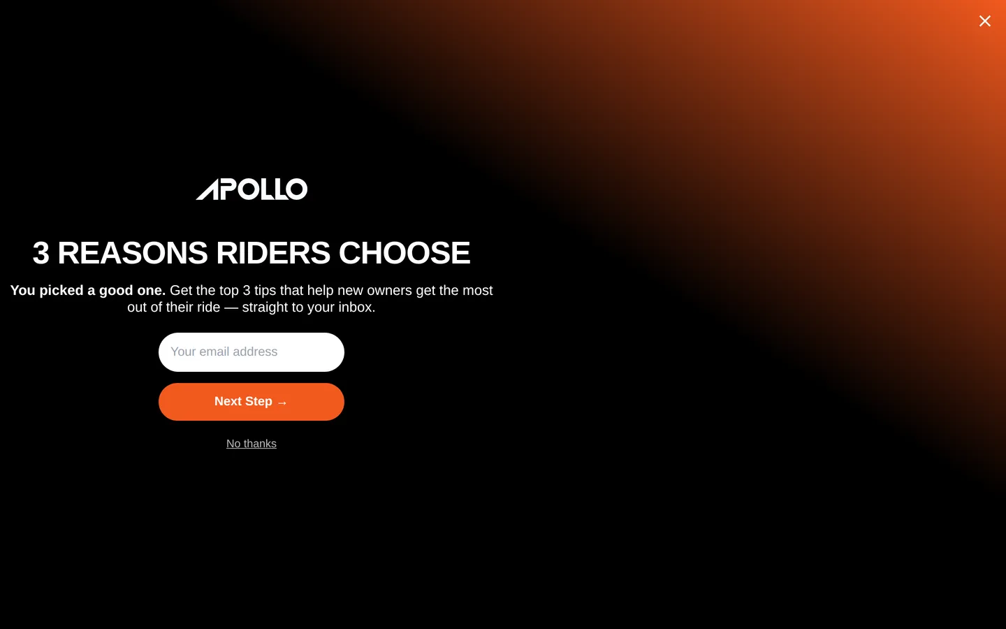 Trang Apollo Go tại apolloscooters.co — trang ghi rõ hãng chỉ bán trực tiếp ở Mỹ, Canada và Úc.