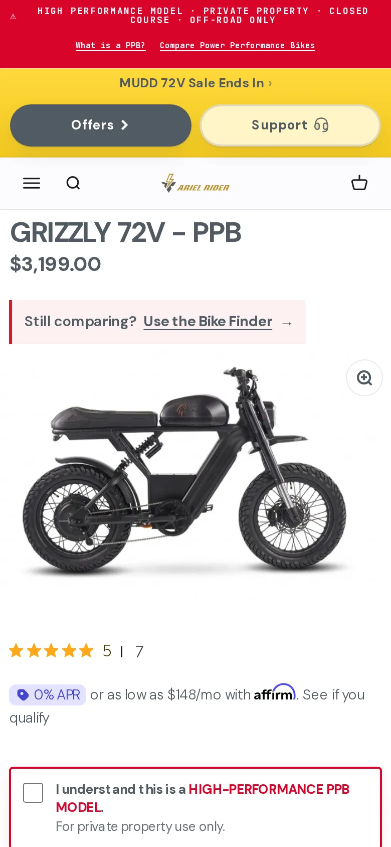 The Ariel Rider Grizzly 72V page at phone width.
