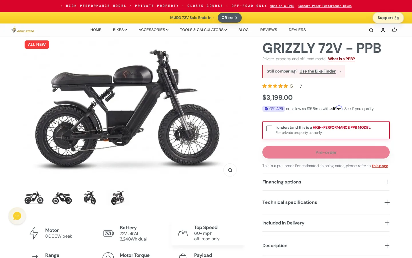 The Ariel Rider Grizzly page, with the private-property warning next to the power and range figures.