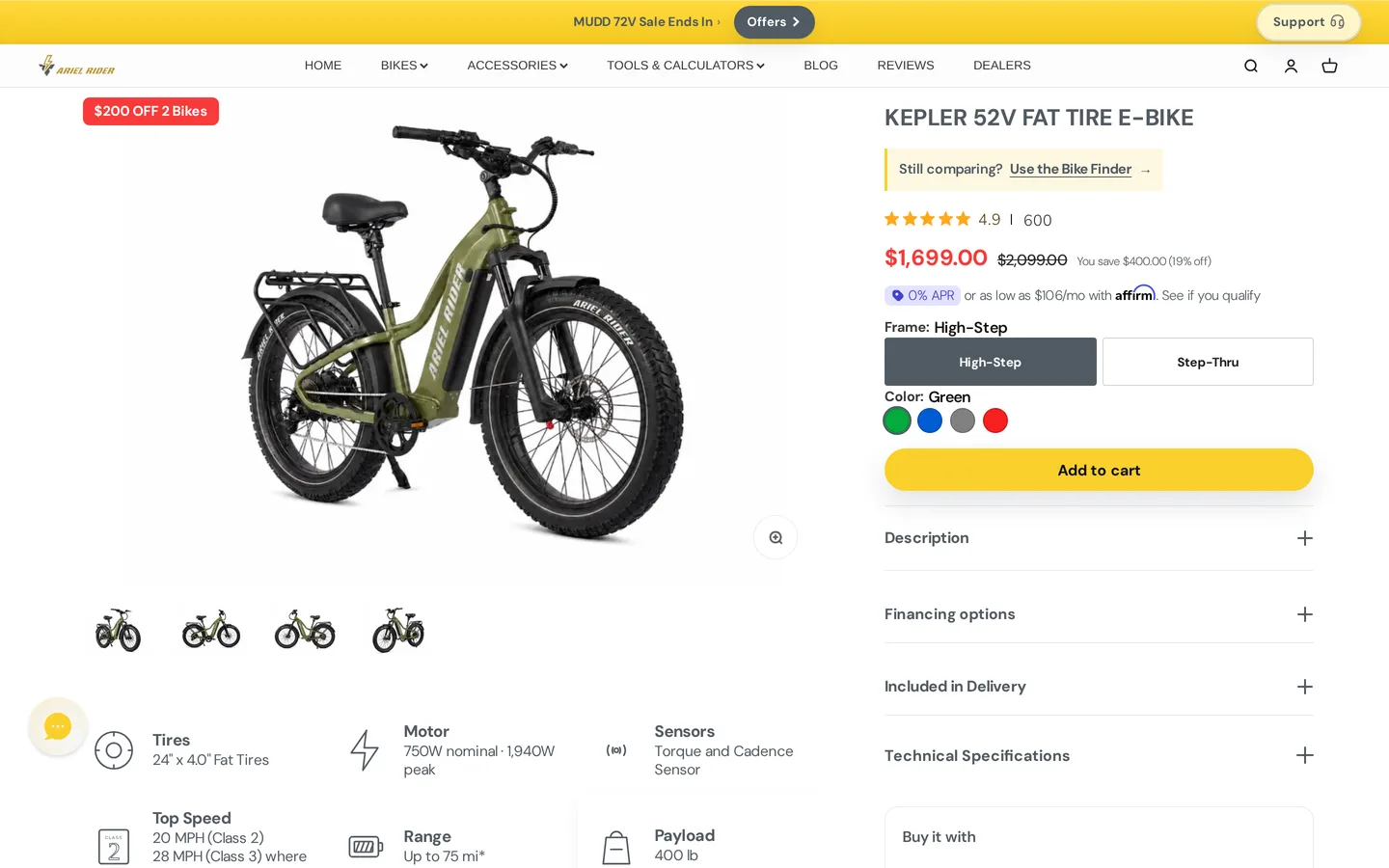 The Ariel Rider Kepler page, with tyre size, motor output, range and payload set out beside the bike.