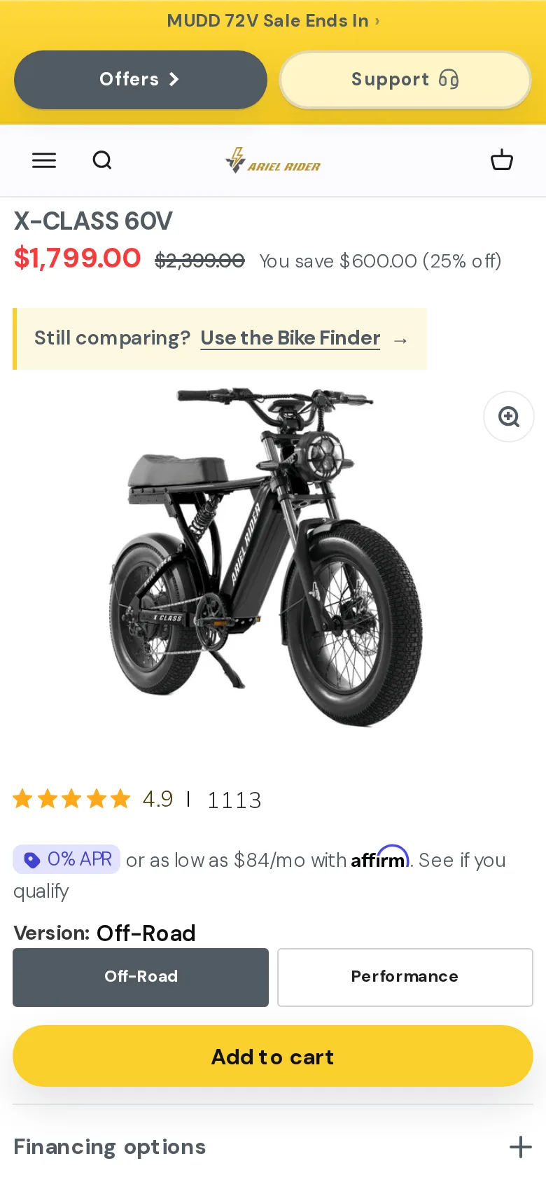 The Ariel Rider X-Class 60V page at phone width.