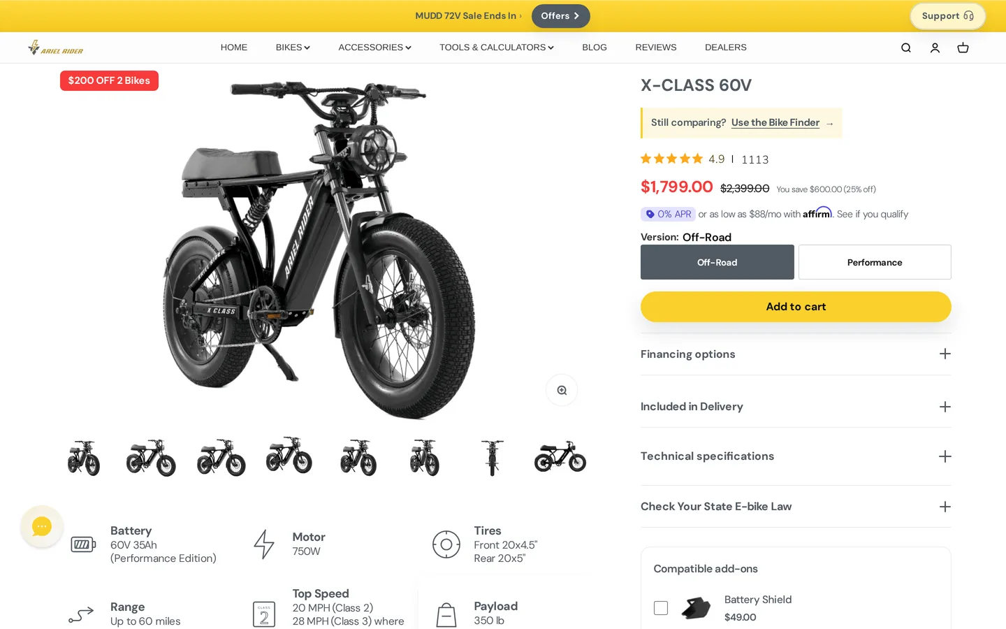The Ariel Rider X-Class page, listing battery, motor, tyre sizes, range and payload.