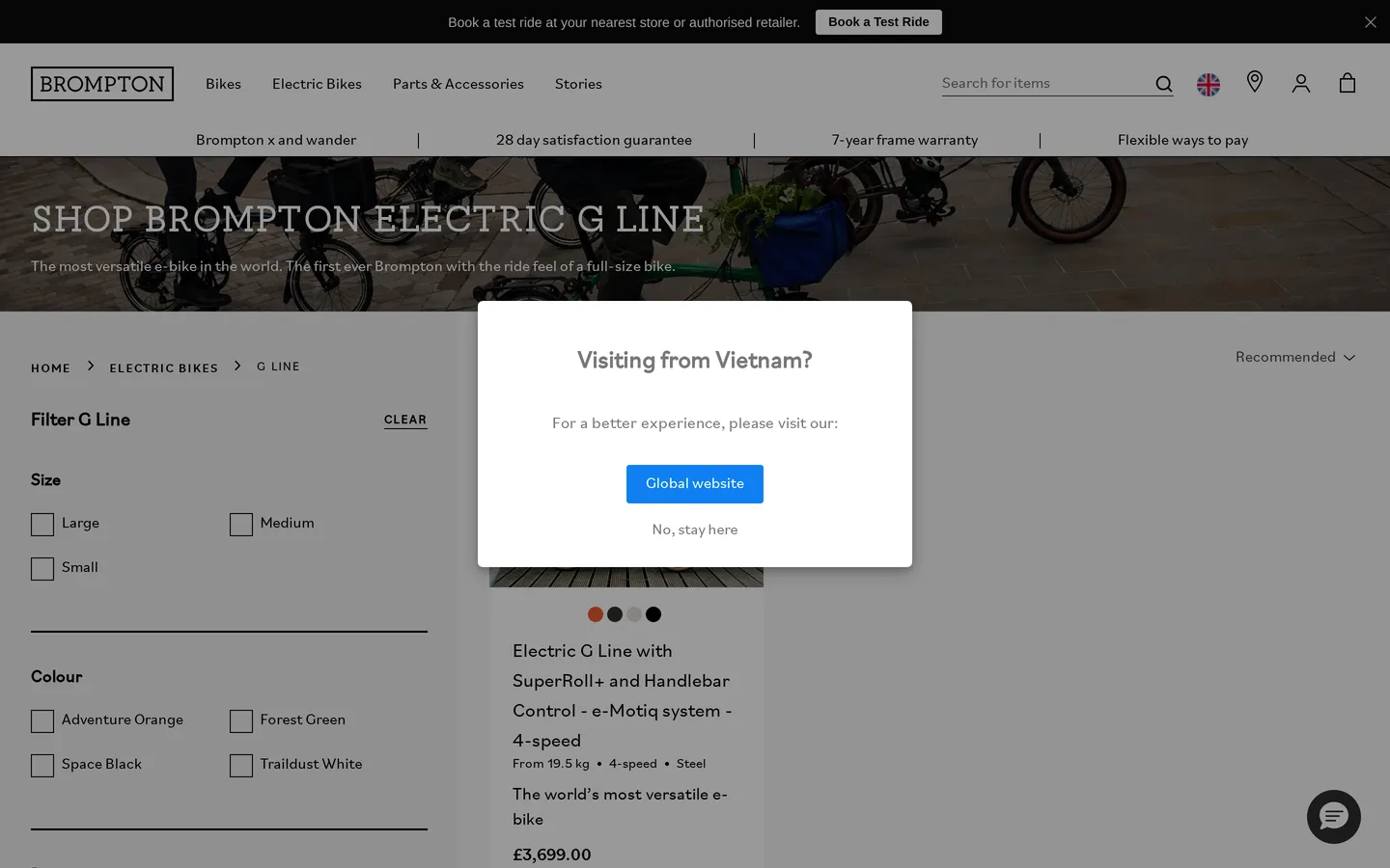 Trang Electric G Line tại brompton.com — bảo hành khung 7 năm và đổi trả 28 ngày nằm ngay trên thanh đầu trang.