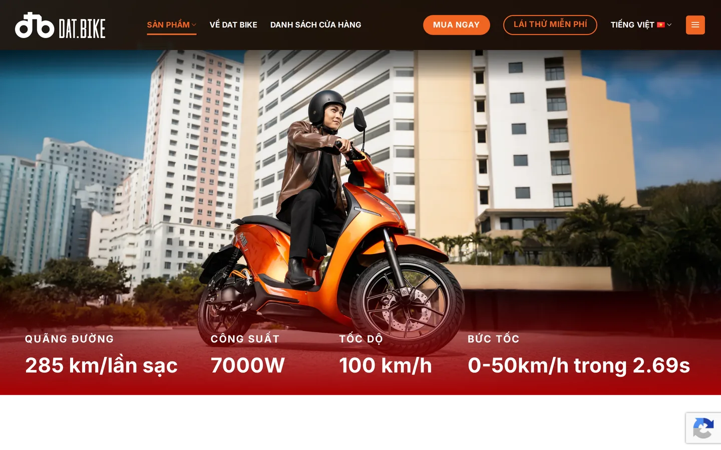 Trang Quantum S1 tại dat.bike — bốn thông số lớn đặt ngay đầu trang, trong đó có mốc tăng tốc 2,69 giây.