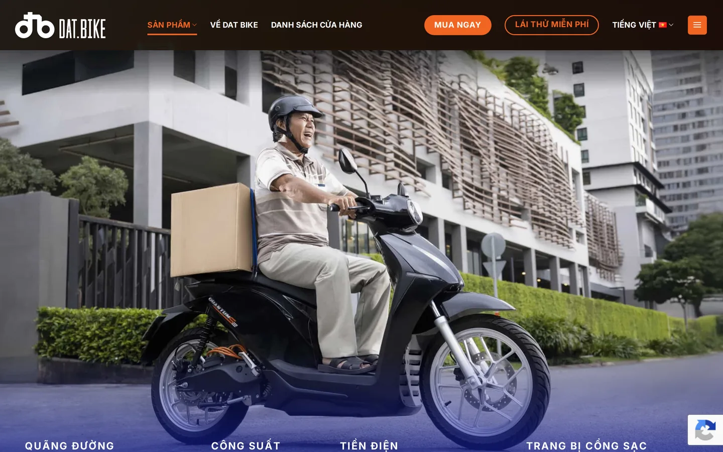Trang Quantum S2 tại dat.bike, nơi hãng đặt con số 5.000đ/100 km ngang hàng với thông số kỹ thuật.