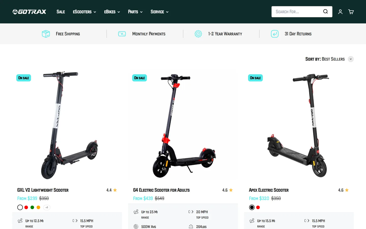 Trang danh mục scooter của Gotrax.
