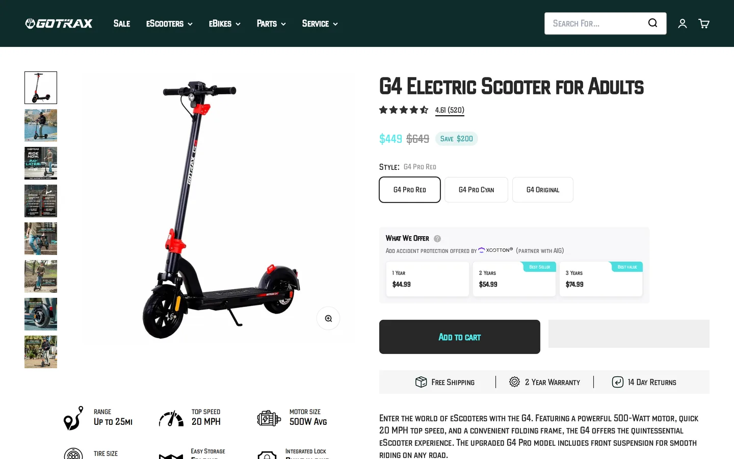 Trang G4 tại gotrax.com — chứng nhận UL 2272 và bảo hành 2 năm được nêu ngay trong khối thông số.