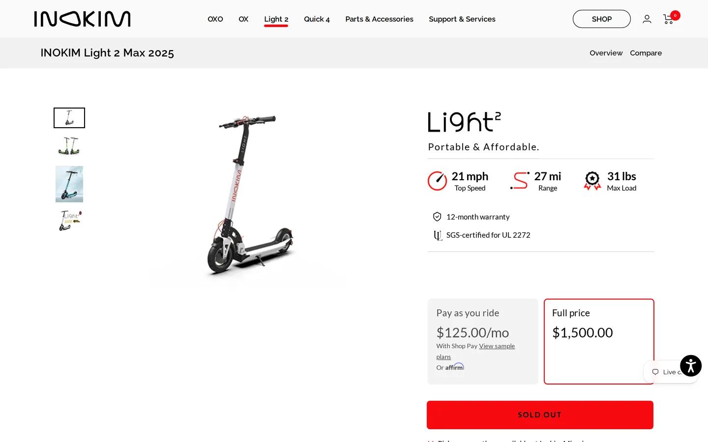 Trang Light 2 tại inokim.com — mục thông số ghi “31 lbs Max Load”, cách ghi cần được làm rõ.