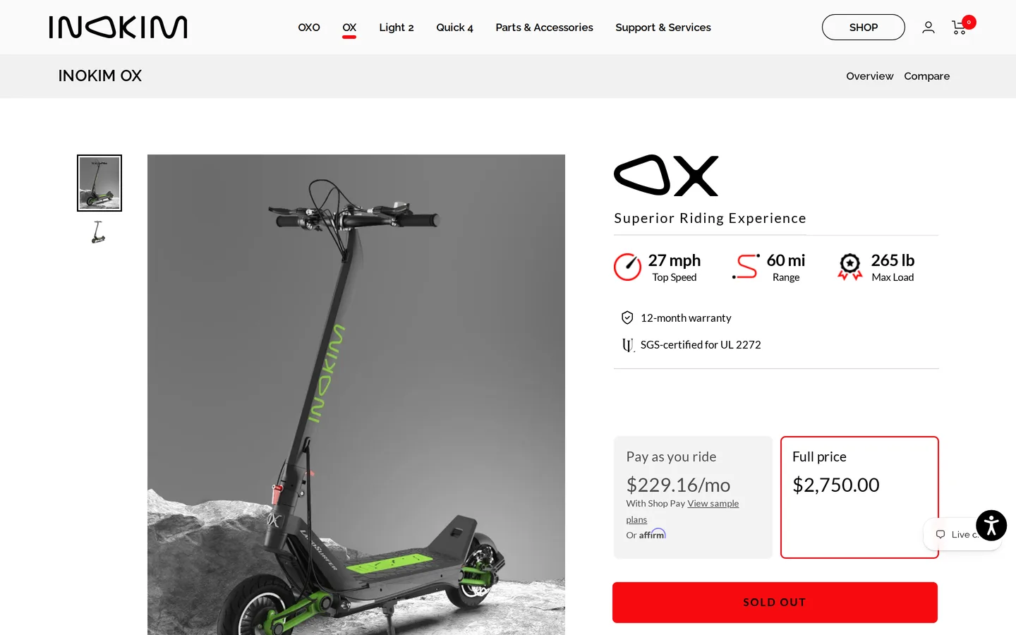 The Inokim OX page at inokim.com, with top speed, range, load rating and warranty across the top.
