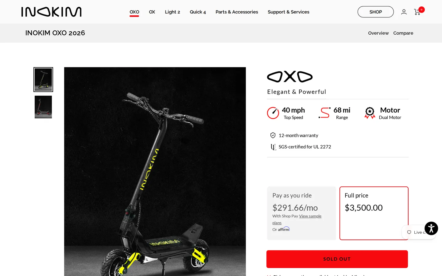 Trang OXO tại inokim.com — chứng nhận SGS theo UL 2272 được ghi ngay trong khối thông số đầu trang.