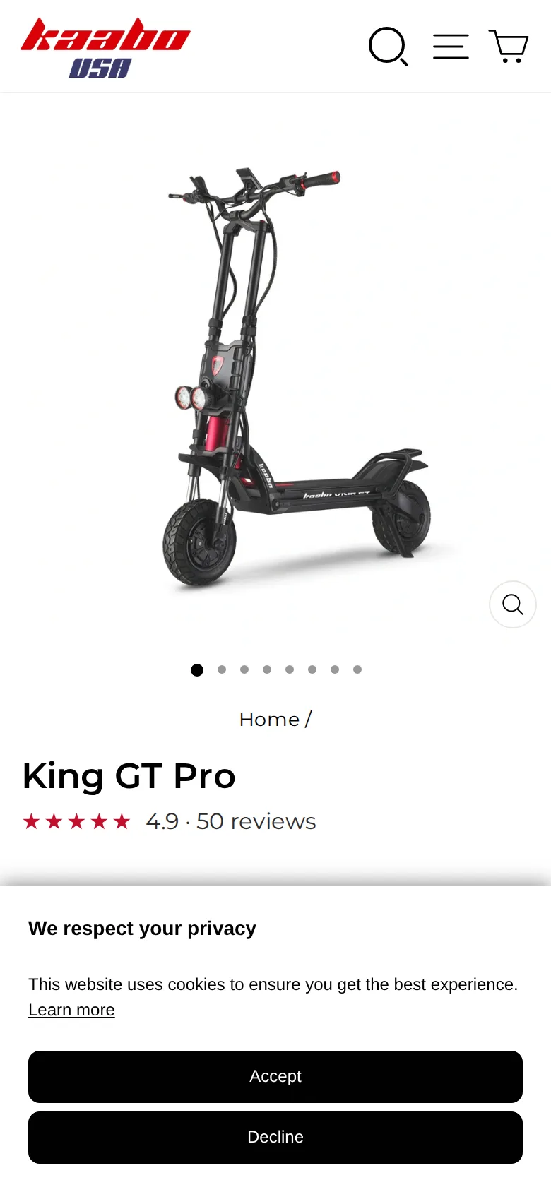 The Kaabo King GT Pro page at phone width.