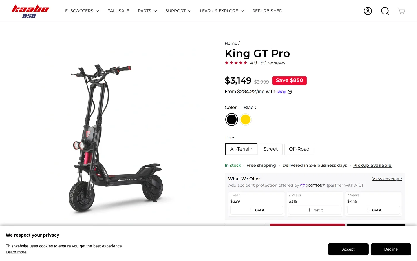 The Kaabo King GT Pro page at kaabousa.com, with the Warrior series line-up and prices.