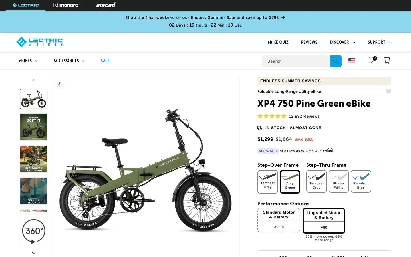 Trang XP4 tại lectricebikes.com — sáu thông số chính đặt ngay đầu trang, giá 999 USD.