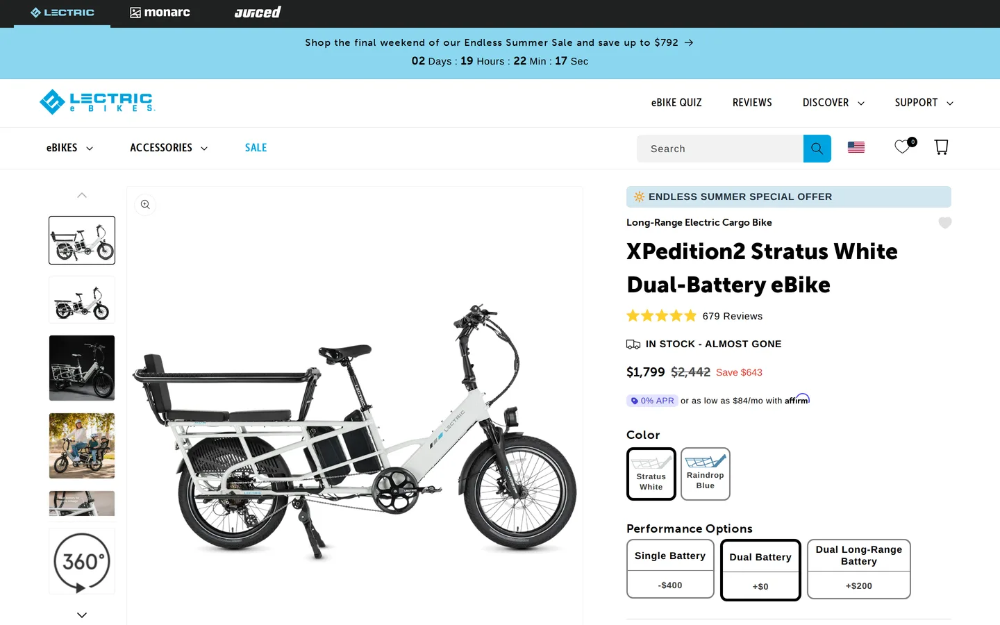 Trang XPedition hai pin tại lectricebikes.com — sáu thông số chính đặt ngay đầu trang.