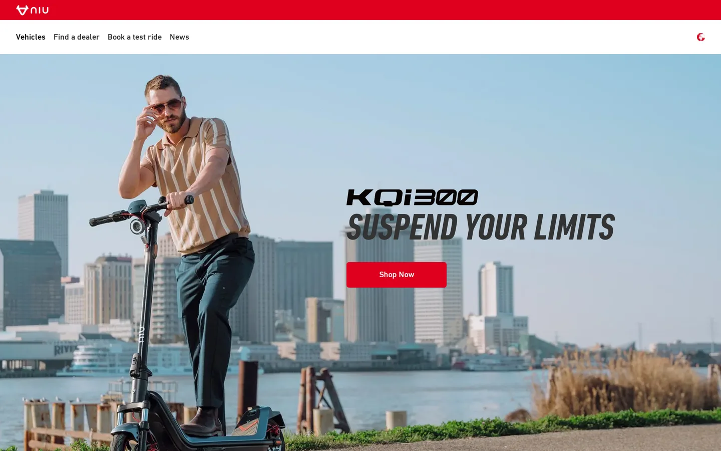 Trang KQi 300 tại global.niu.com — hệ thống treo được đặt là thông số đầu tiên, trên cả tốc độ.