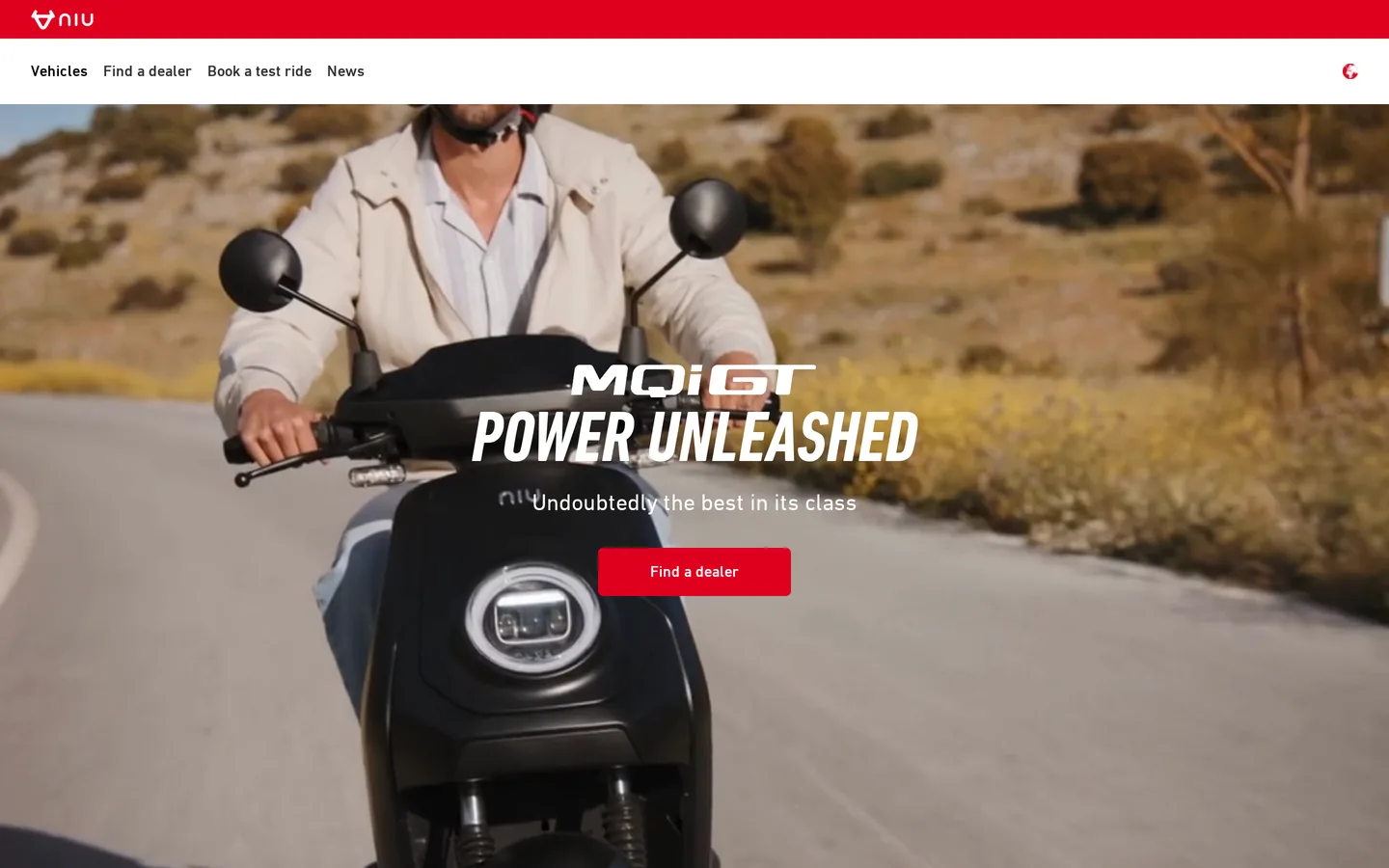 The NIU MQi GT 100 page at global.niu.com, with top speed, range and motor power across the hero image.