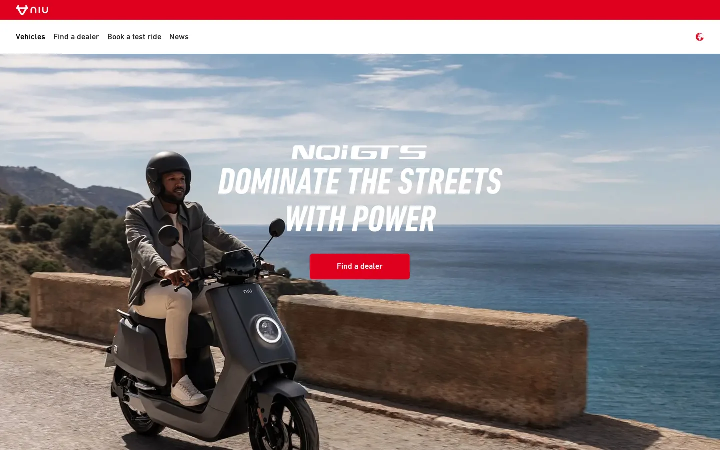 Trang NQi GTS tại global.niu.com — hai con số 110 km và 80 km/h đặt ngay đầu.