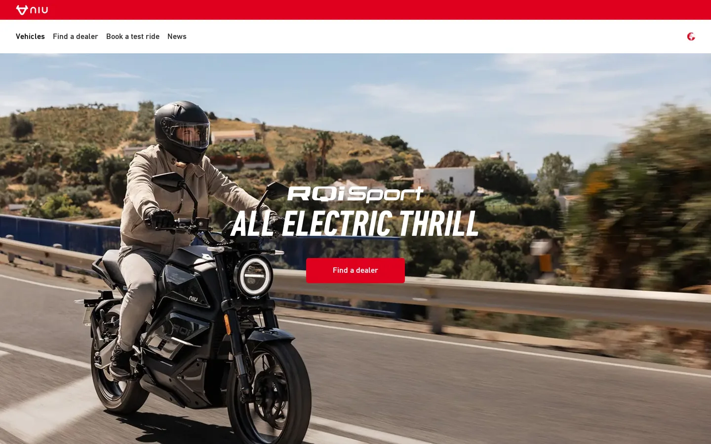 The NIU RQi Sport page at global.niu.com, leading with top speed, acceleration and range.