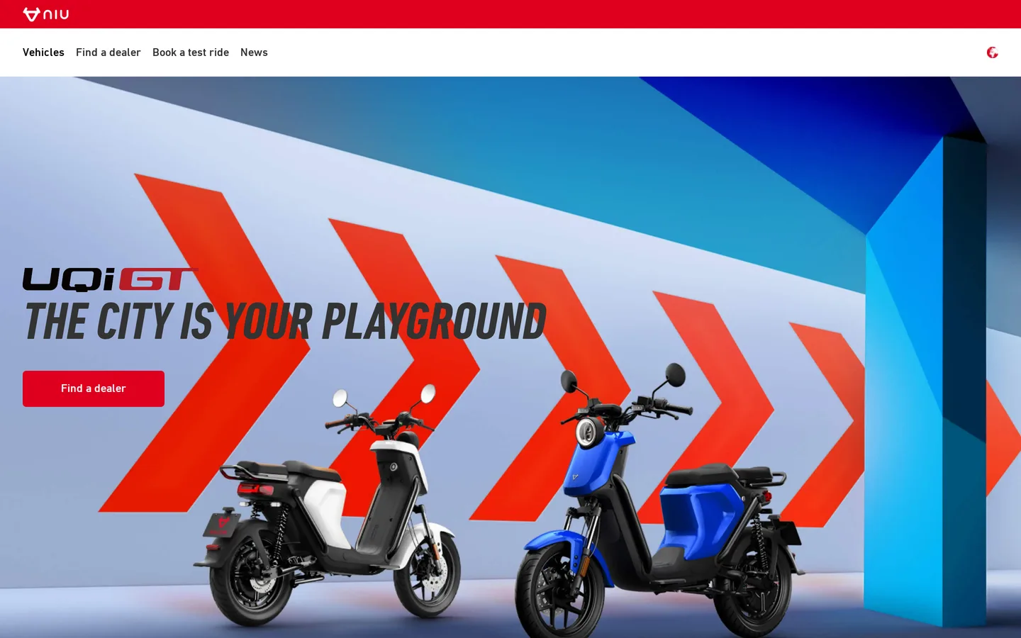 The NIU UQi GT page at global.niu.com, with range, top speed, power and load capacity listed.