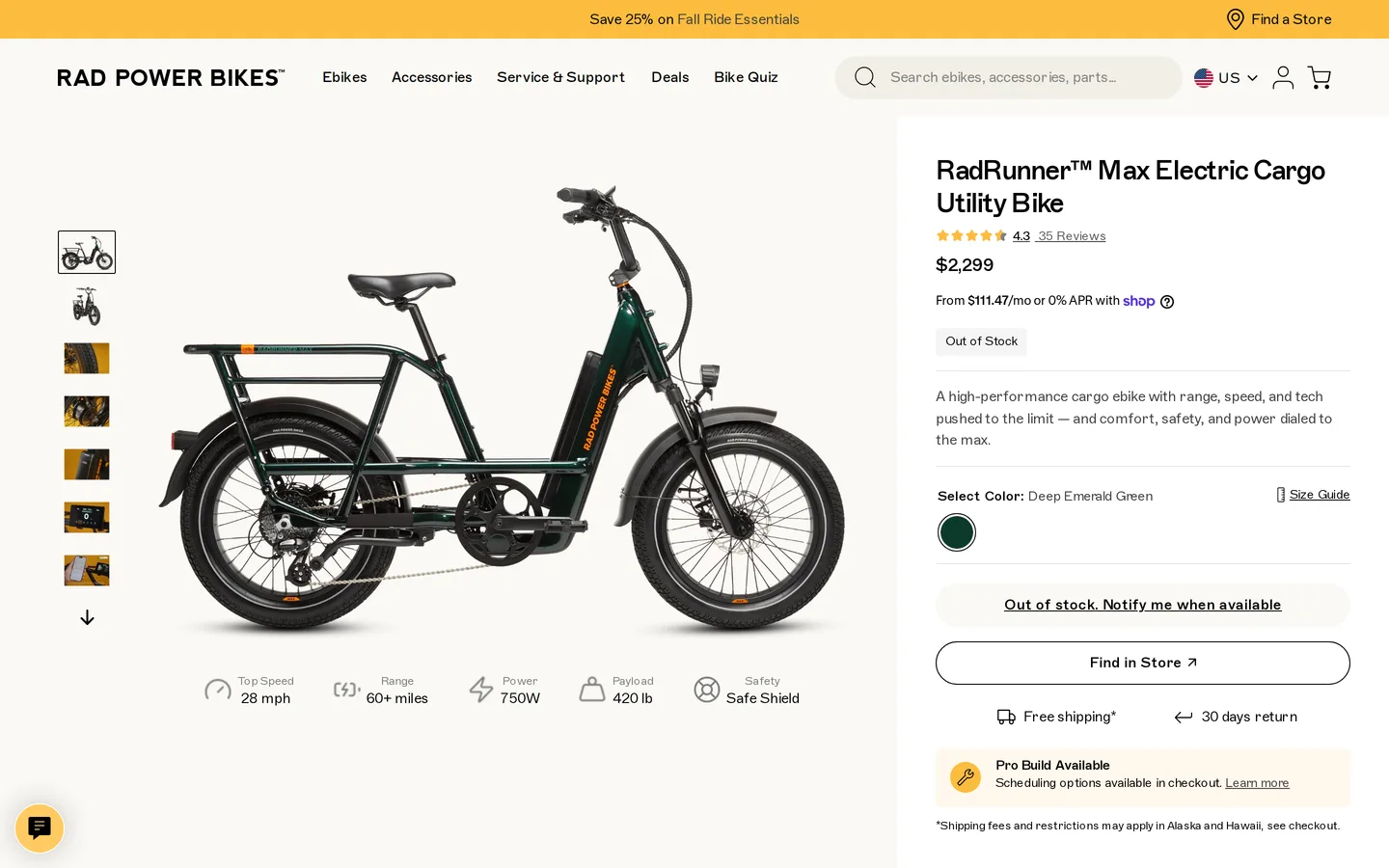 The RadRunner Max page at radpowerbikes.com, with top speed, range, power, payload and safety claims across the top.