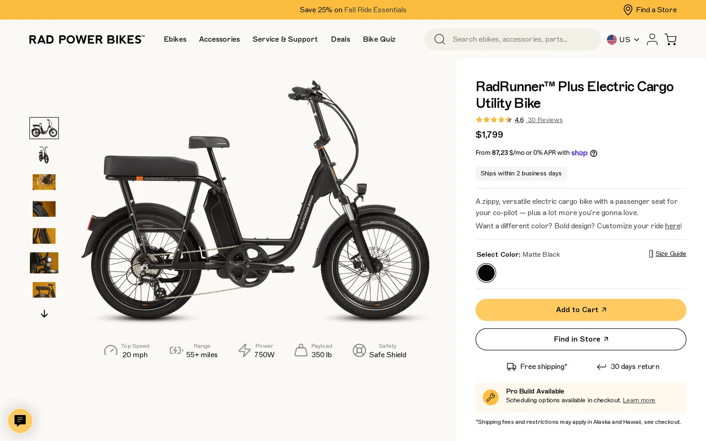 Trang RadRunner Plus tại radpowerbikes.com với giá 1.799 USD.