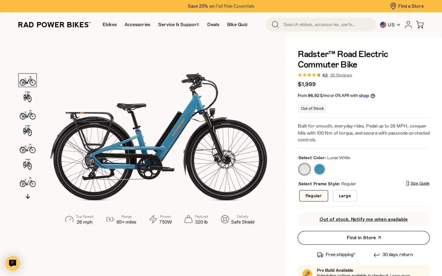 Trang Radster Road tại radpowerbikes.com, ghi giá 1.999 USD và trạng thái hết hàng tại thời điểm xem.