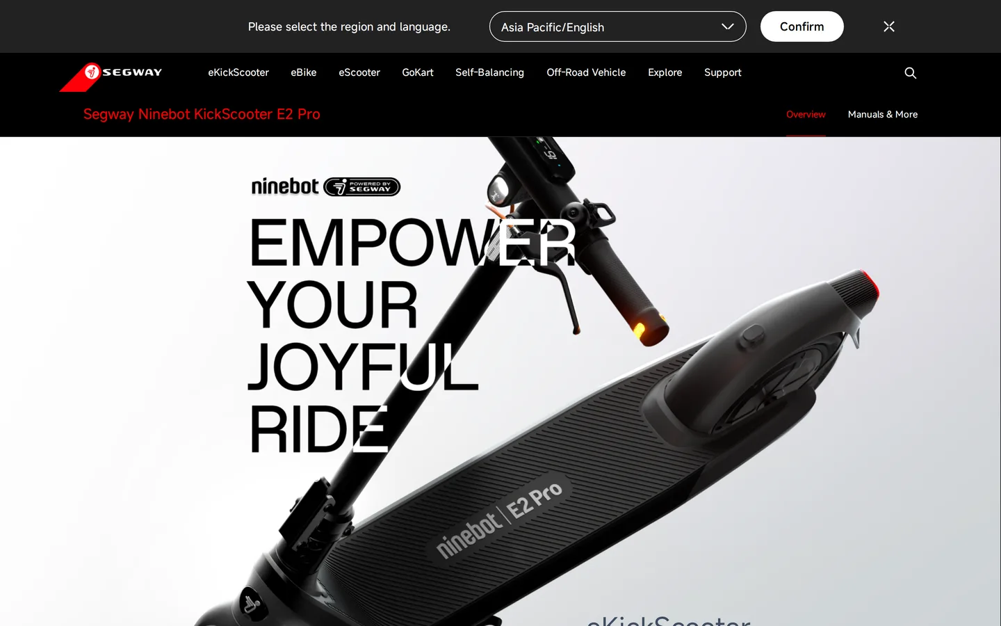 Trang E2 Pro tại ap-en.segway.com — ba mức quãng đường được nêu kèm điều kiện đo.
