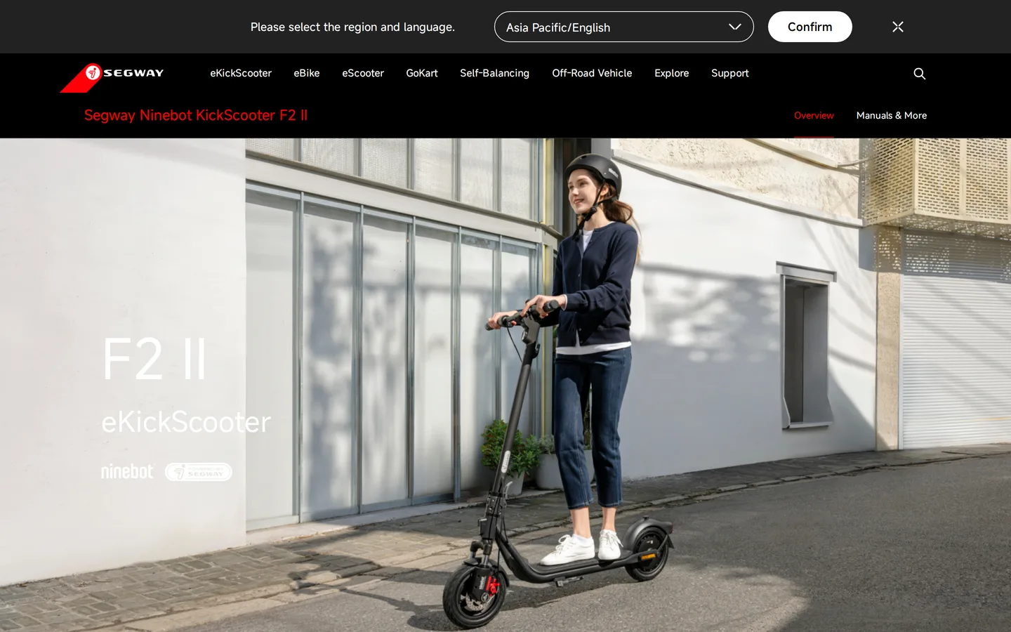 Trang F2 II tại ap-en.segway.com với bảng thông số đầy đủ cho cả hai chế độ lái.