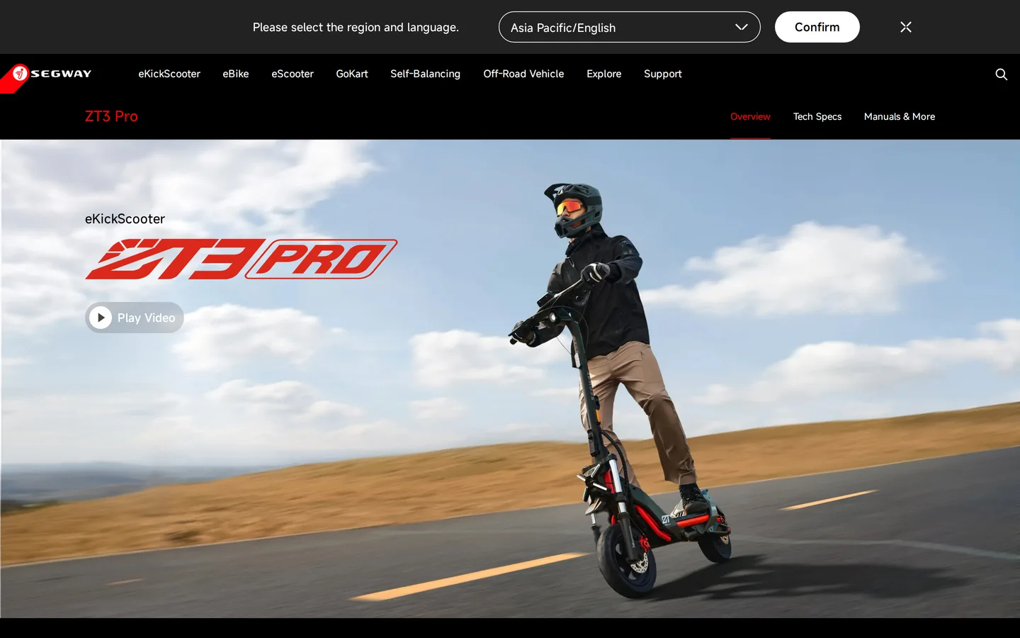 Trang ZT3 Pro tại ap-en.segway.com — Segway nhấn mạnh khả năng đi trên đá cuội, ổ gà và đường sỏi.