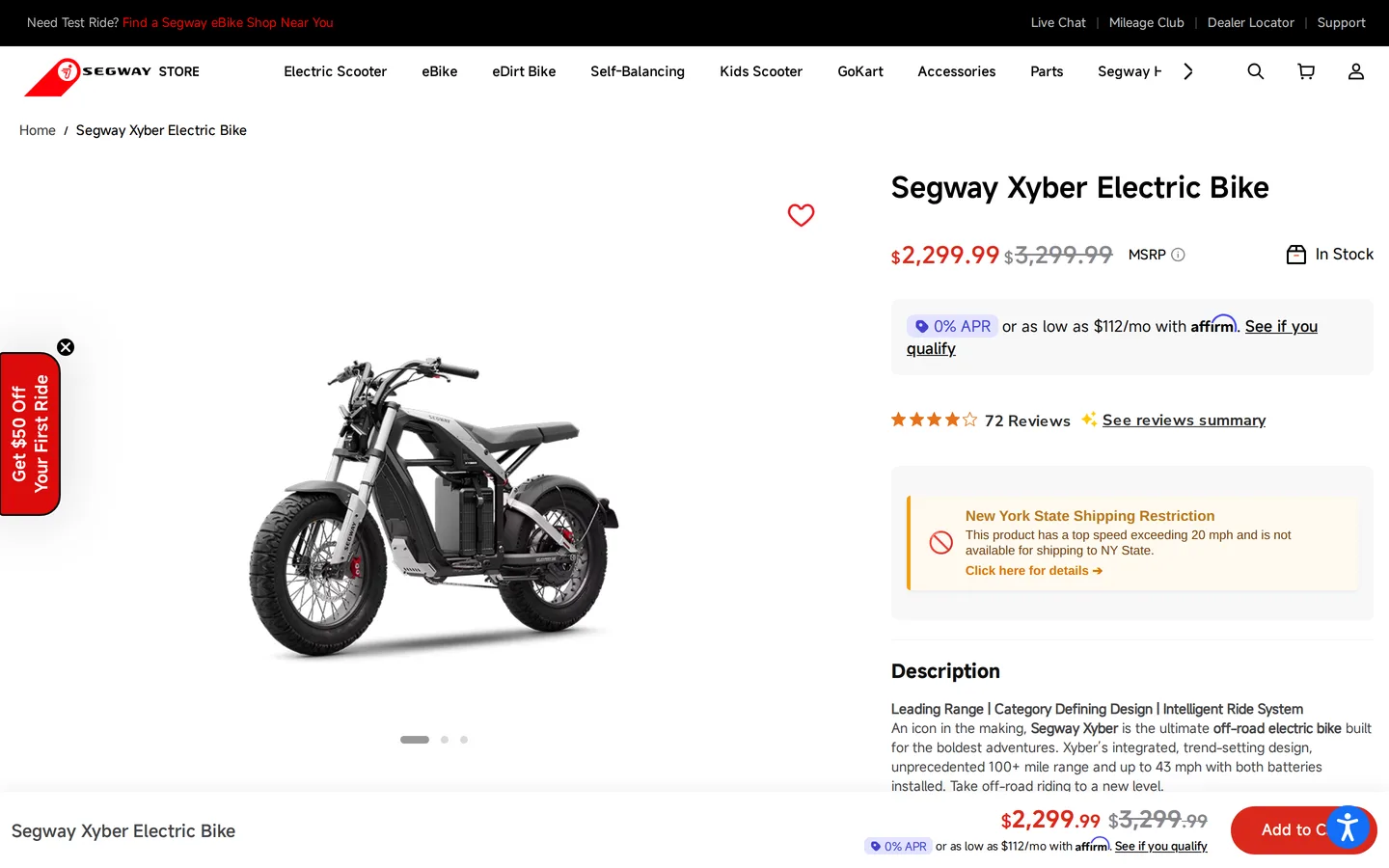 The Segway Xyber page at store.segway.com, showing the price, the specifications and the New York shipping restriction.