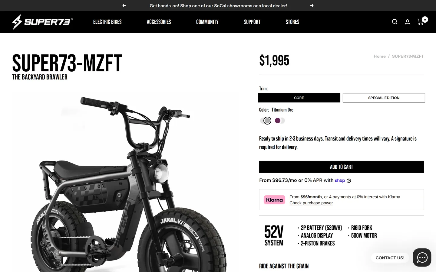 The SUPER73-MZFT product page, showing the bike Super73 calls the Backyard Brawler.