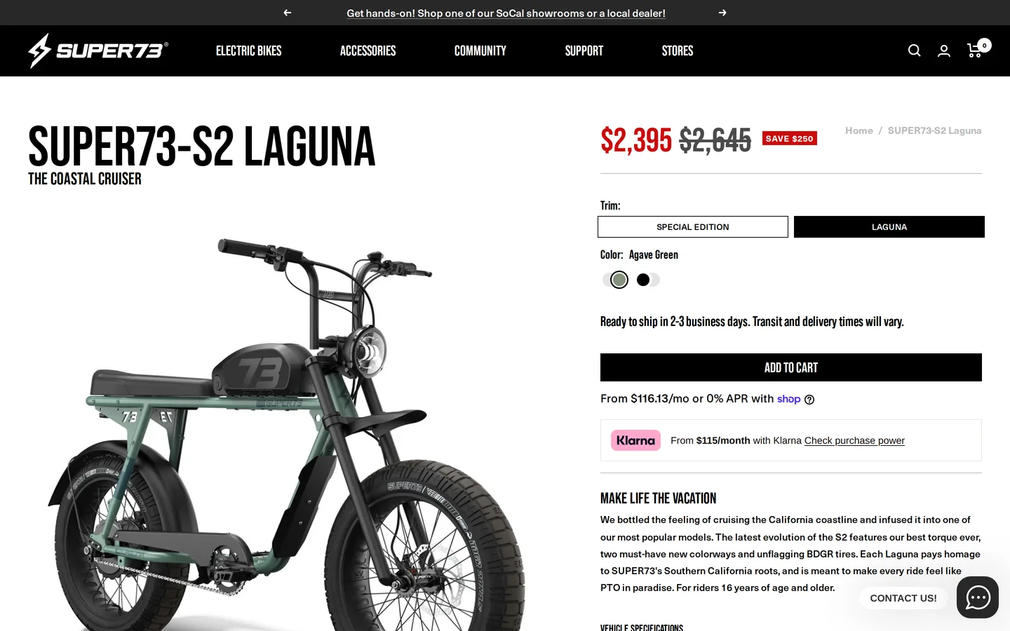 The SUPER73-S2 Laguna product page, showing the bike and its vehicle specifications.
