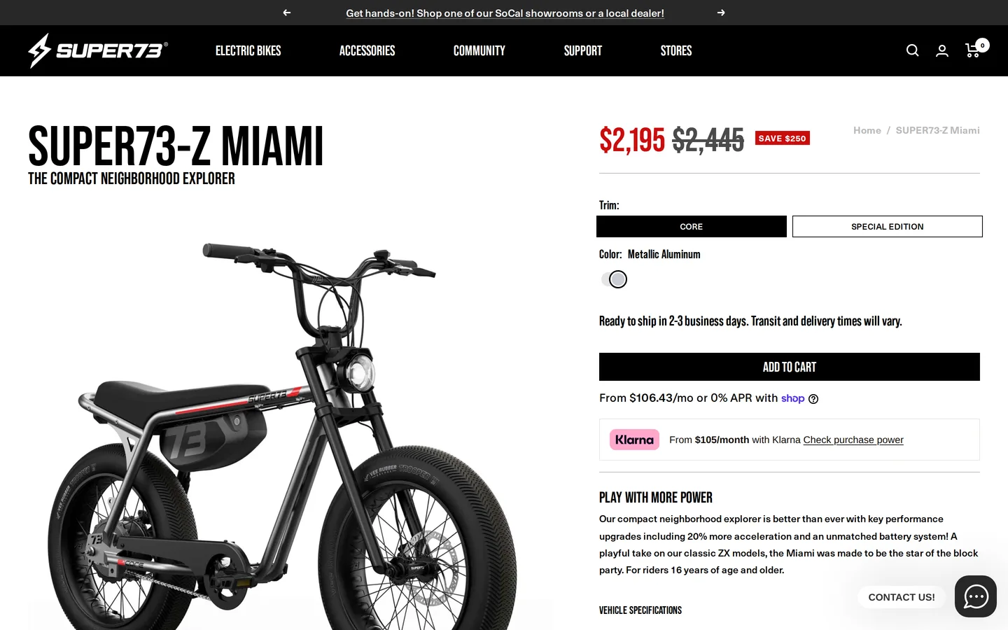 The SUPER73-Z Miami product page, showing the smaller-framed model and its specifications.