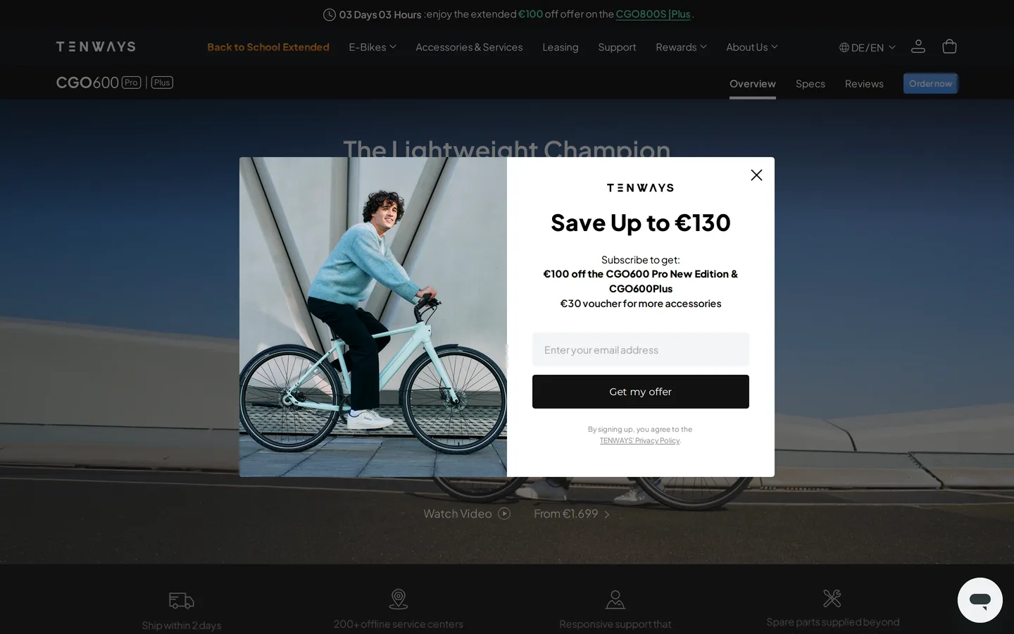 The TENWAYS CGO600 Pro page, showing the belt-drive city bike and its headline specifications.