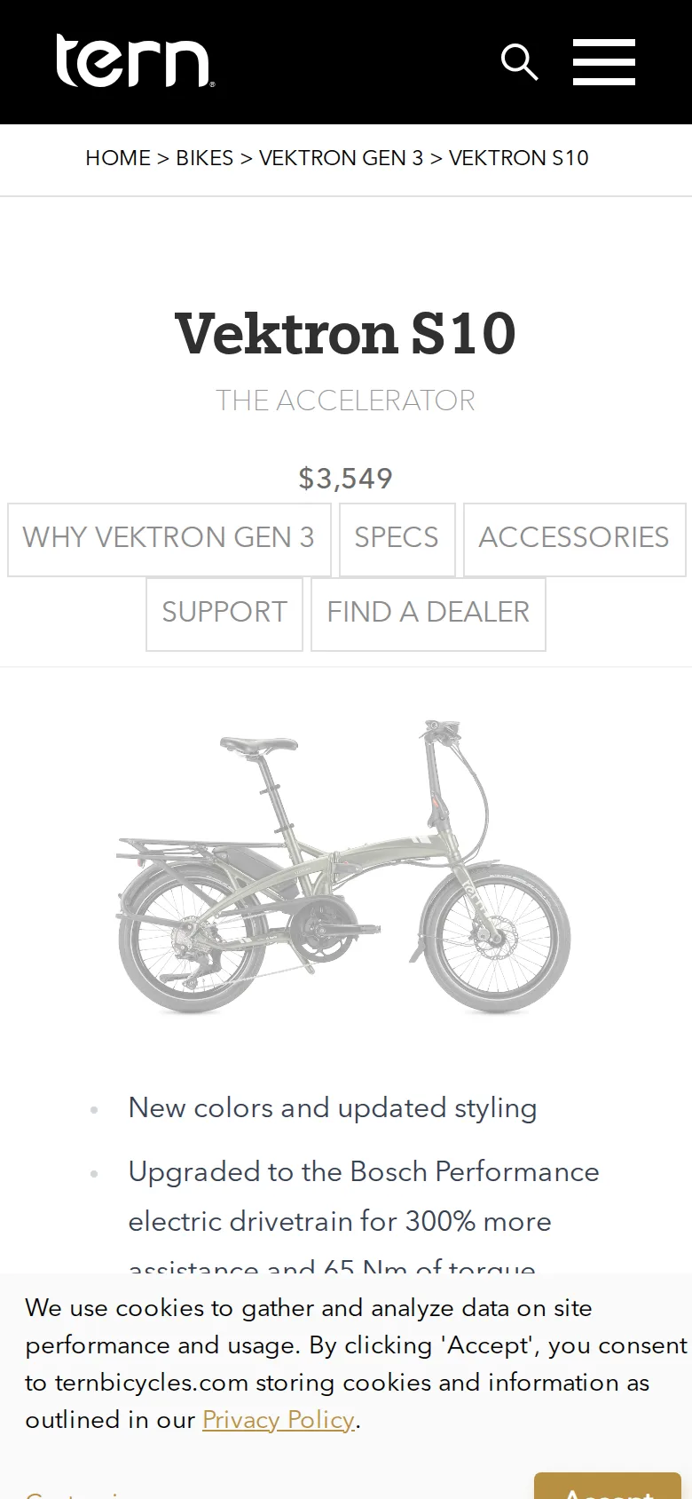 The Tern Vektron S10 page at phone width.