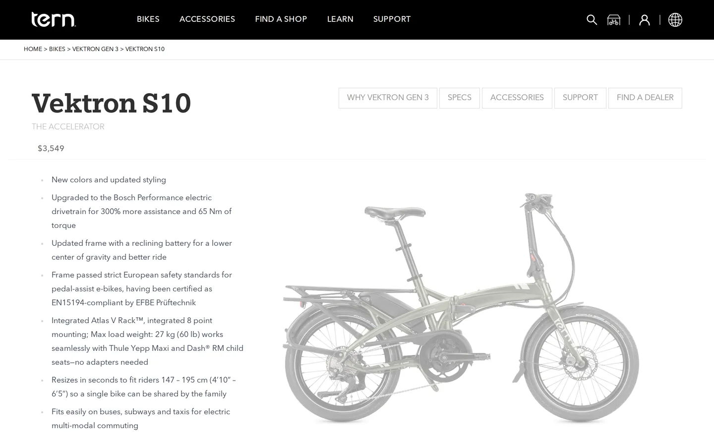 The Tern Vektron S10 page at ternbicycles.com, showing the folded and unfolded bike.
