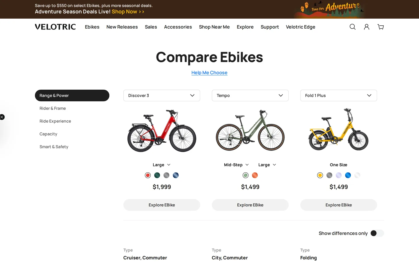 Trang danh mục xe điện của Velotric.