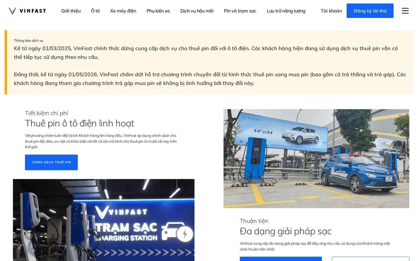 Trang Pin và trạm sạc của VinFast.