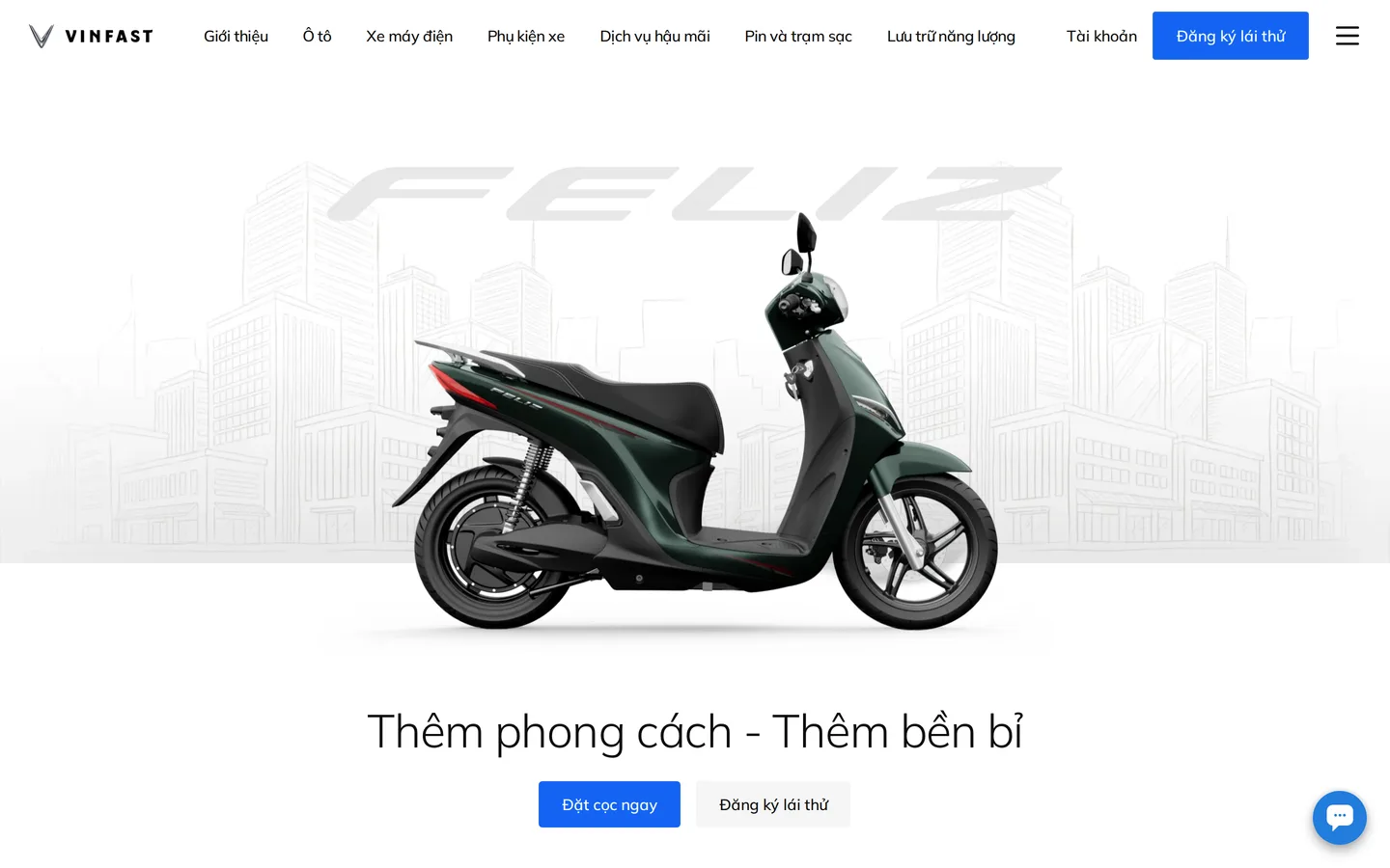 Trang Feliz 2025 trên vinfastauto.com — bộ thông số đặt đầu trang gần như trùng với trang Evo Grand.