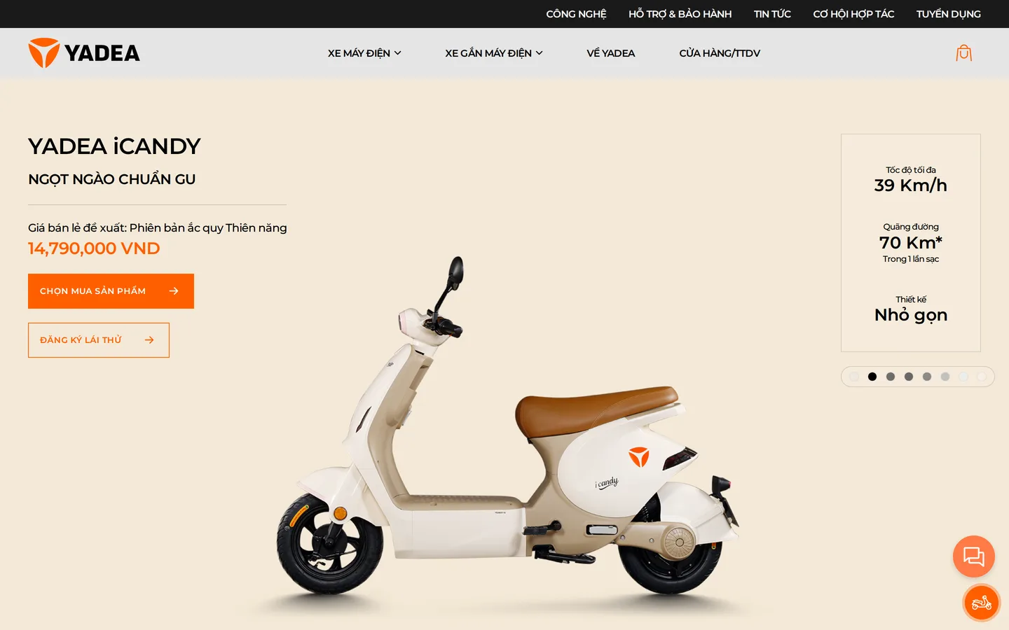 Trang iCandy tại yadea.com.vn — dòng giá ghi rõ “Phiên bản ắc quy Thiên năng”.