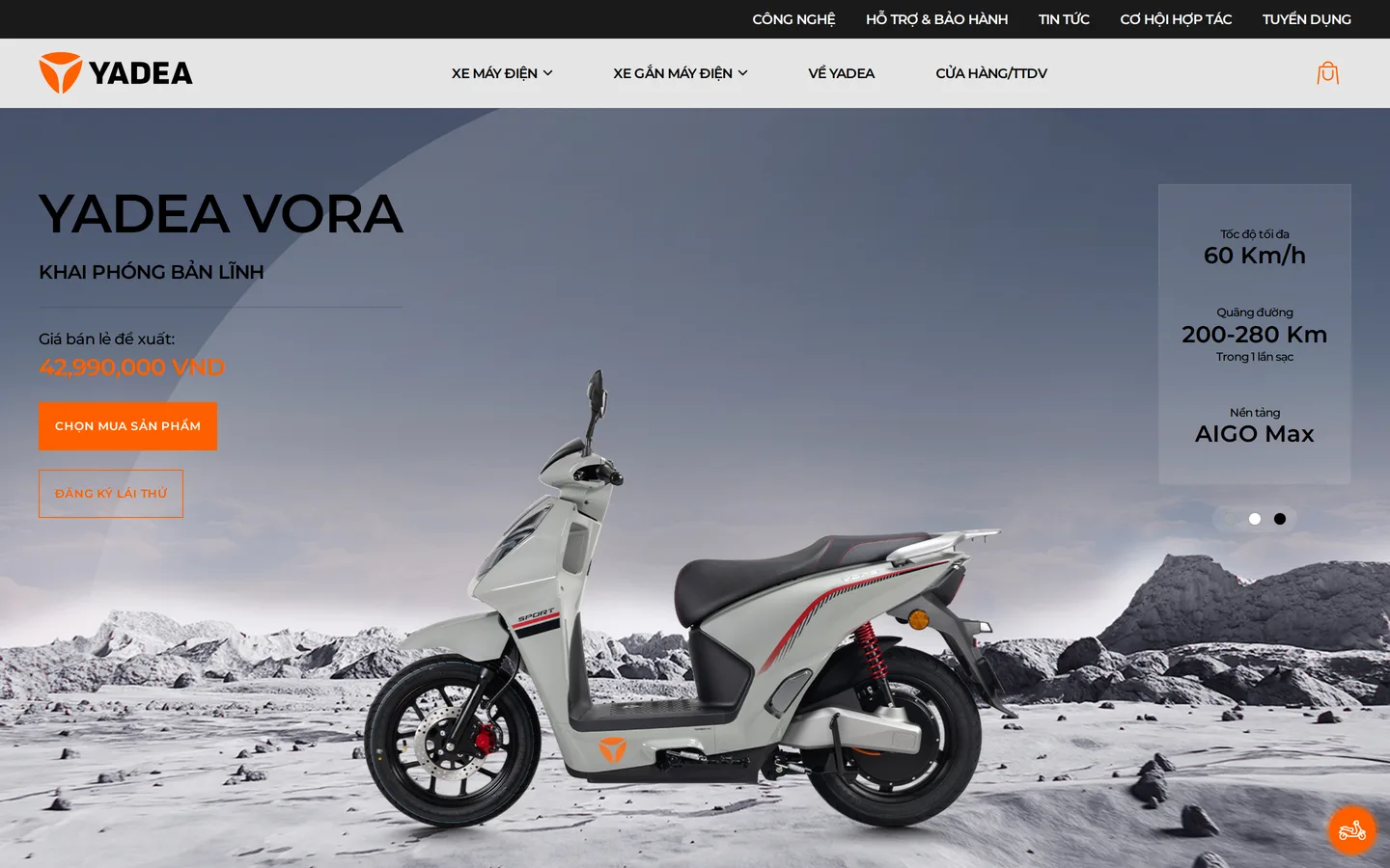 Trang Vora tại yadea.com.vn với giá bán lẻ đề xuất 42,99 triệu đồng.
