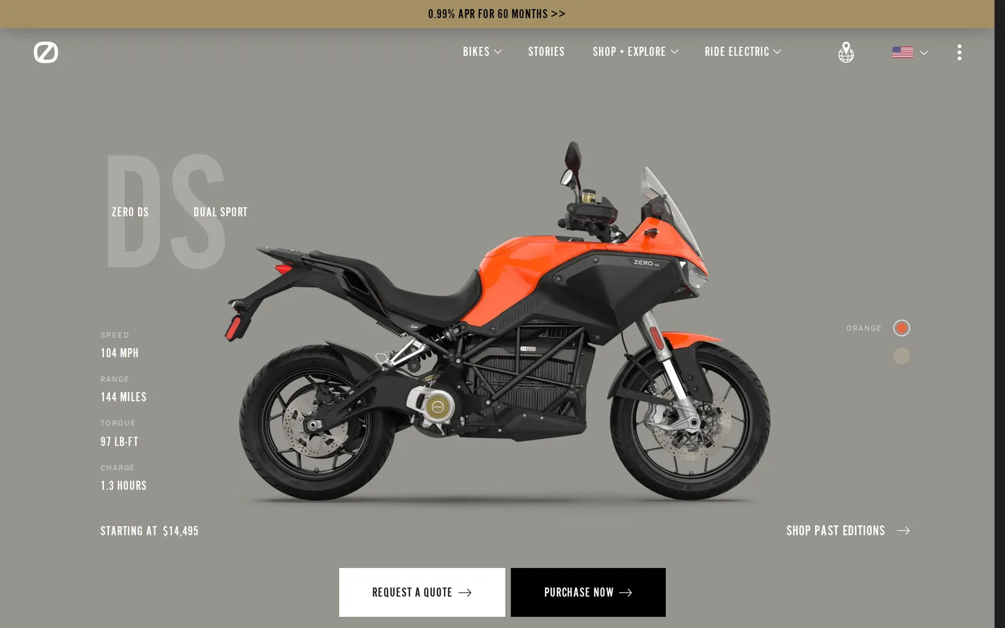 The Zero DS page at zeromotorcycles.com, showing the orange 2025 dual sport with its headline figures.