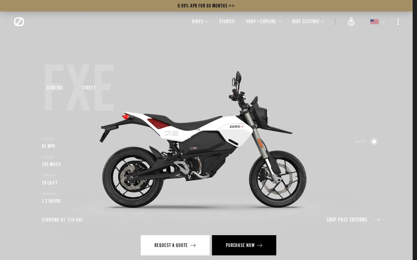 The Zero FXE page at zeromotorcycles.com, with speed, range, torque and charge time set out beside the bike.