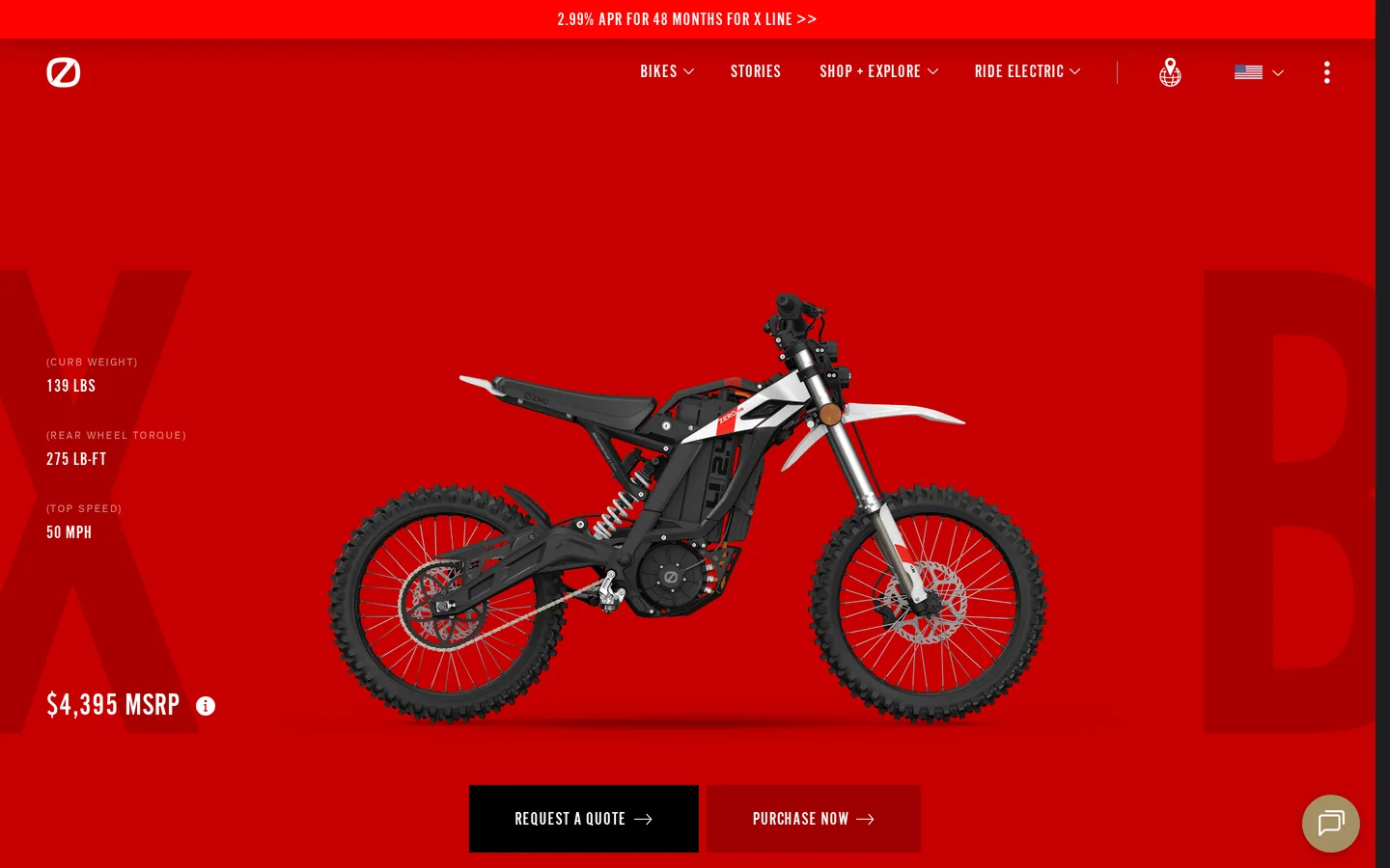 The Zero XB page at zeromotorcycles.com, leading with curb weight, rear-wheel torque and top speed.
