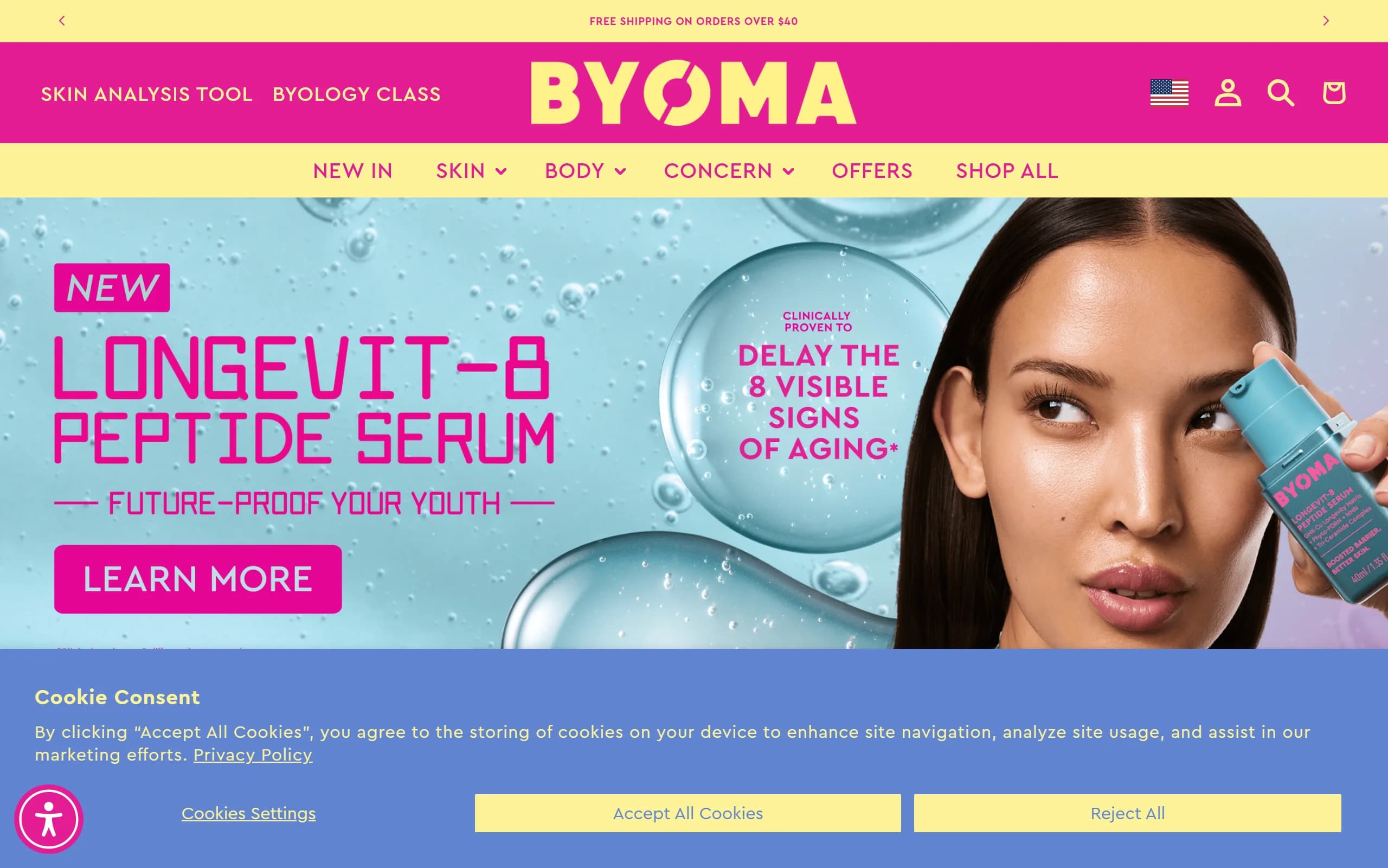 The BYOMA US homepage, led by the Longevit-8 Peptide Serum launch banner