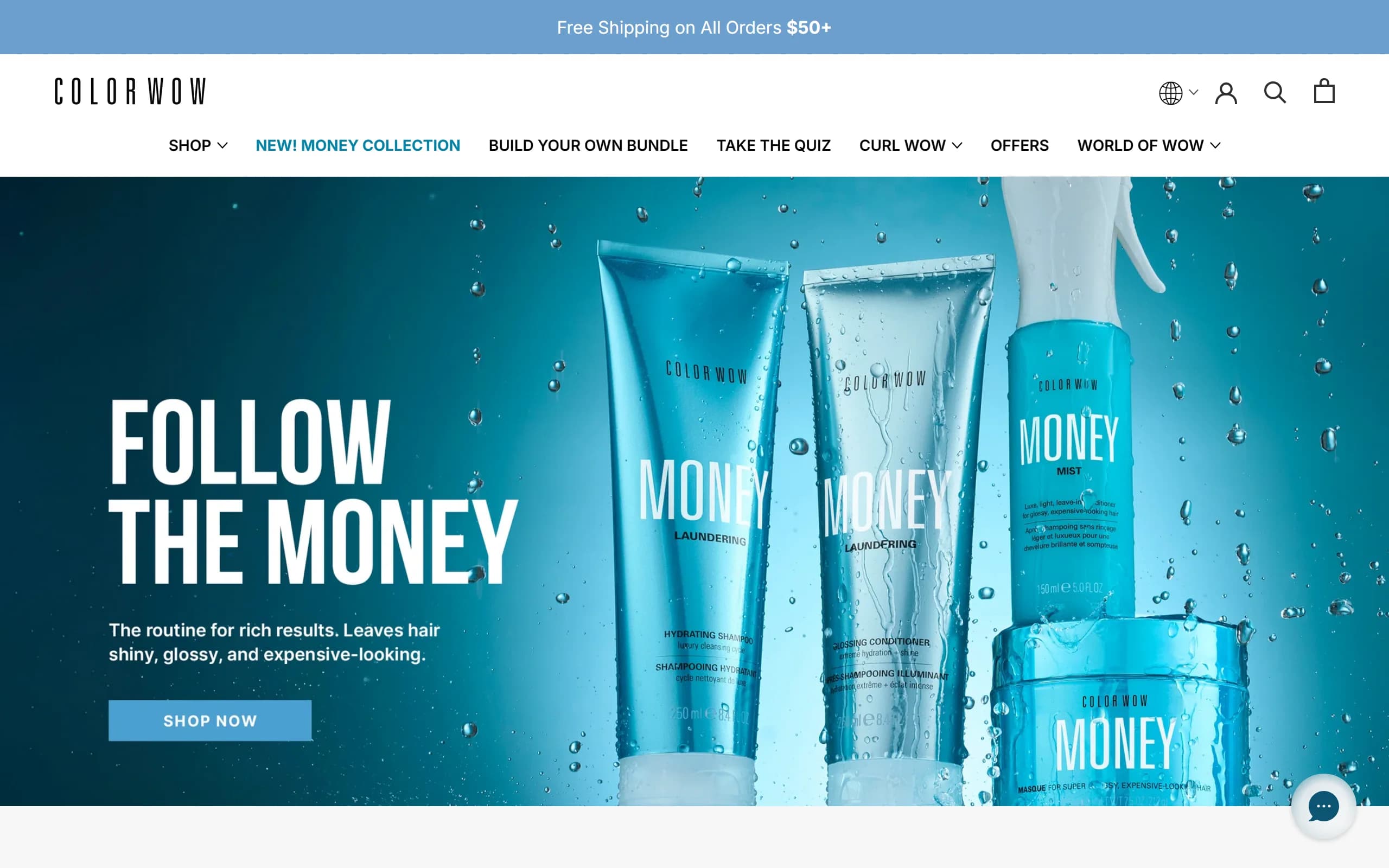 The Color Wow homepage, led by the Money Collection shampoo, conditioner, mist and masque