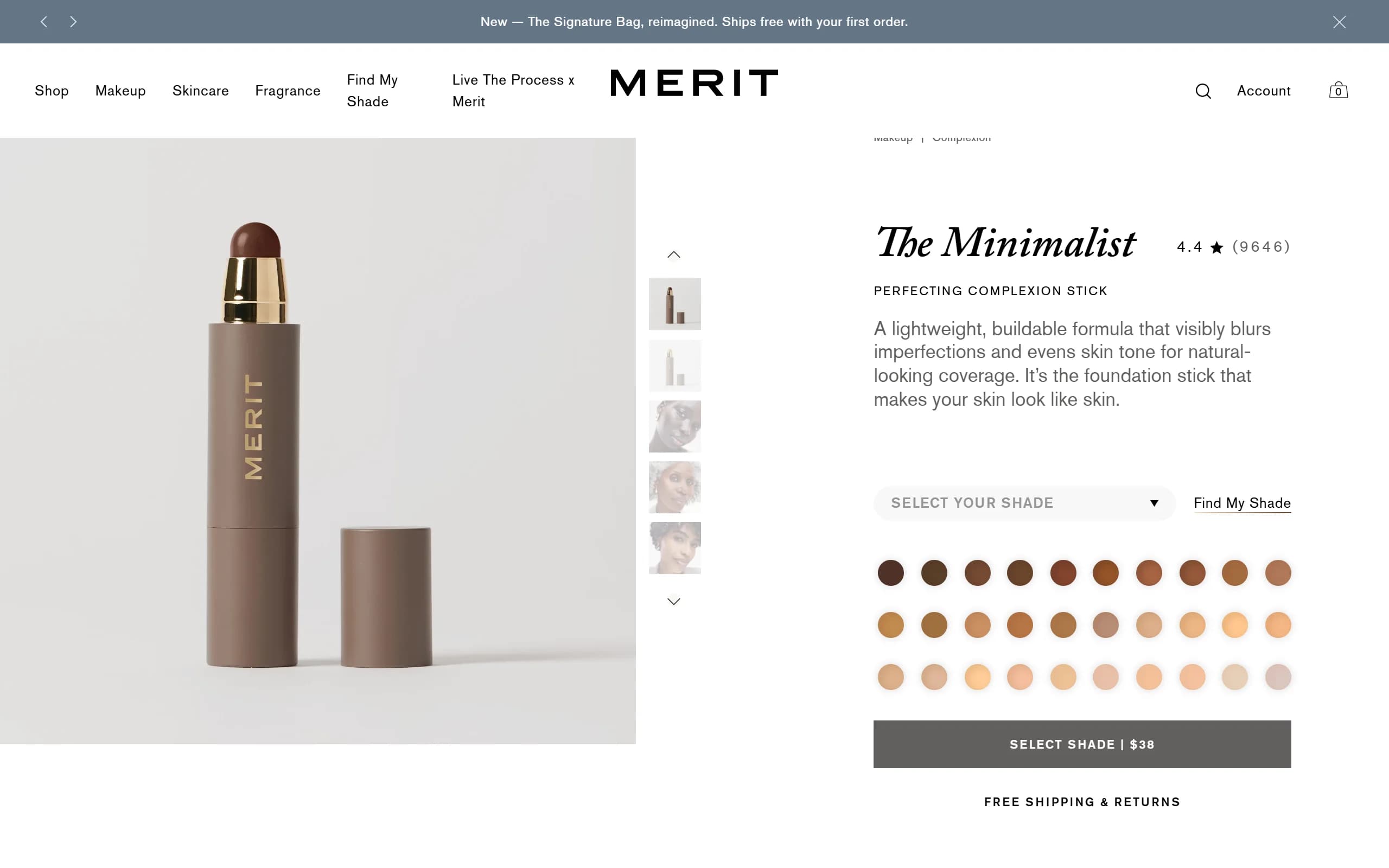 The Minimalist Perfecting Complexion Stick page at $38, rated 4.4 from 9,646 reviews, with its 30-shade selector