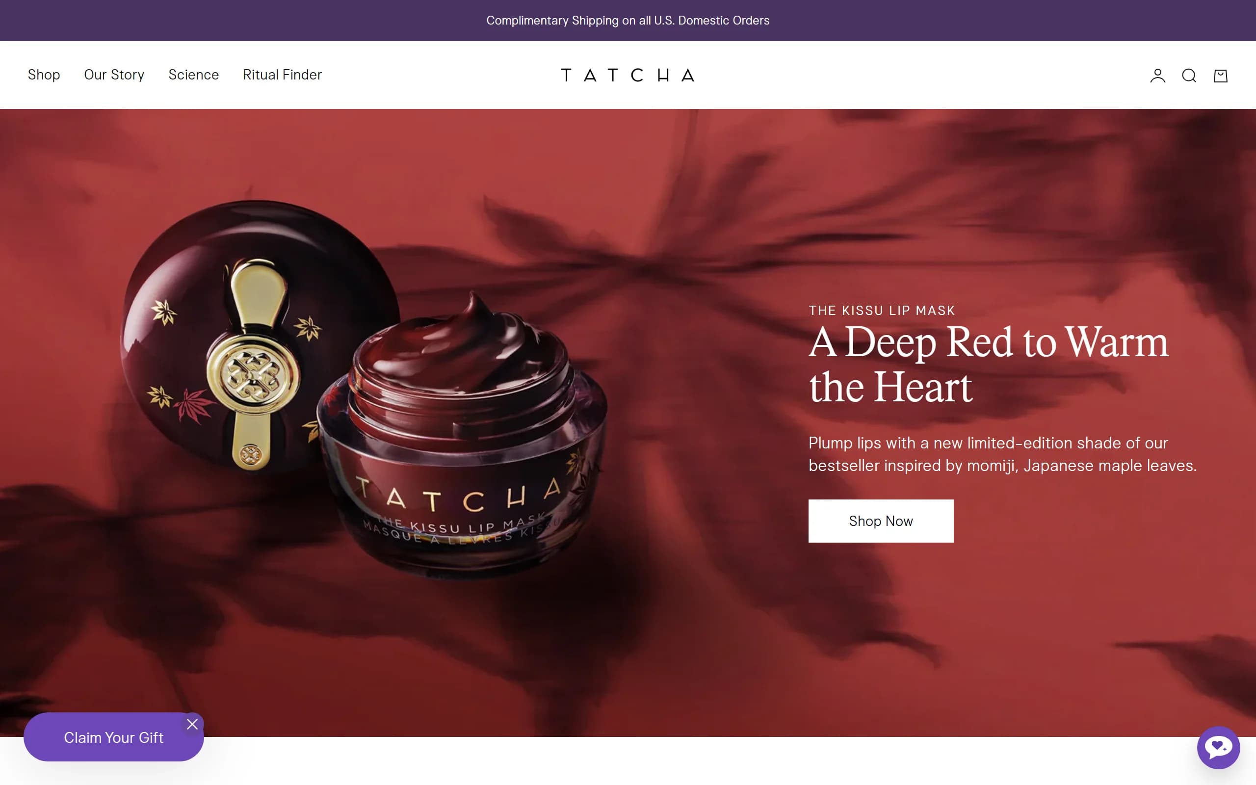 The Tatcha homepage, led by the limited-edition Kissu Lip Mask in Japanese Maple Red