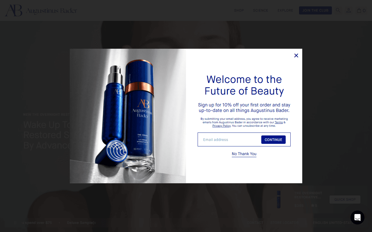 The Augustinus Bader homepage, showing The Cream and The Rich Cream