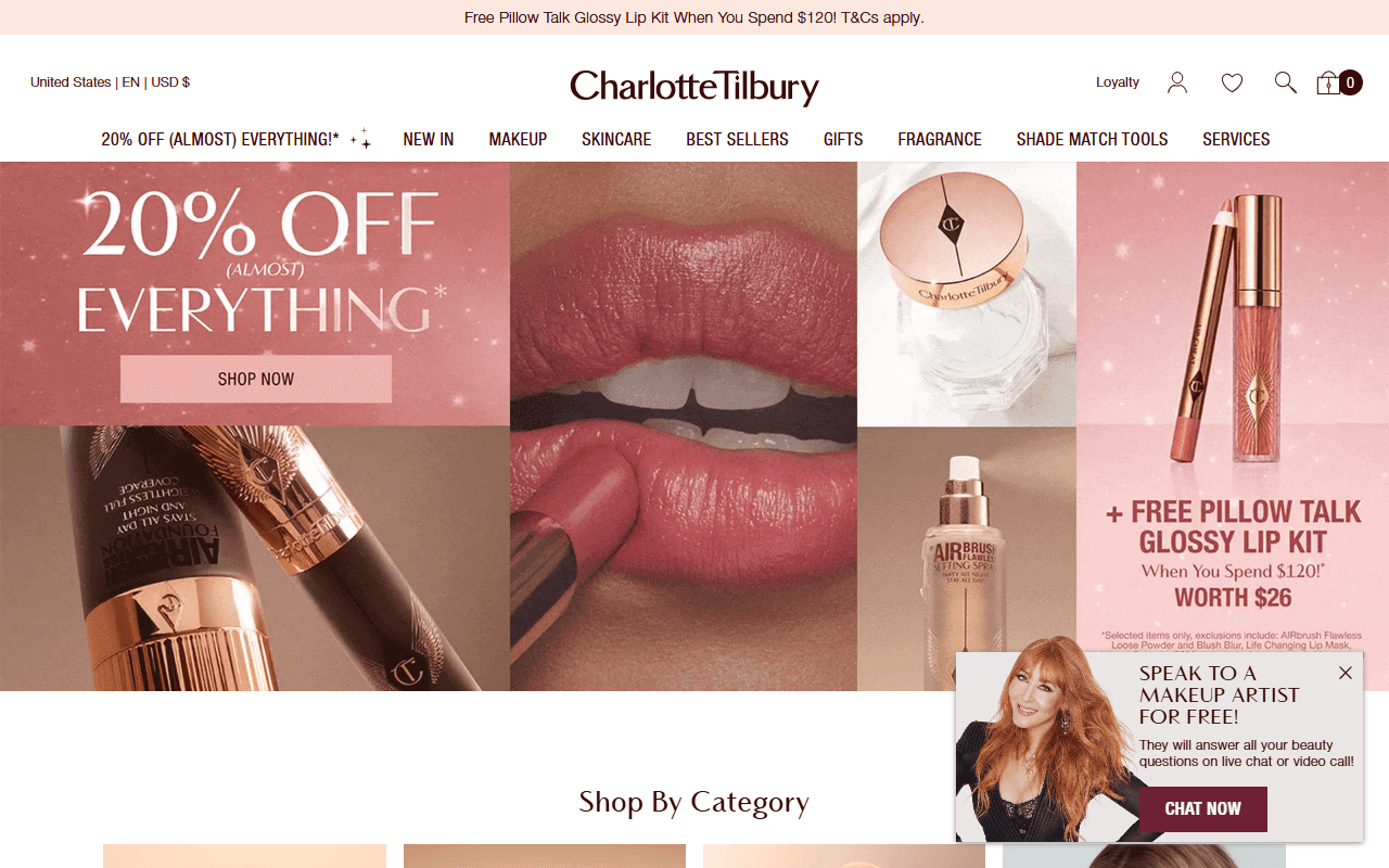 The Charlotte Tilbury homepage, showing its makeup and skincare range